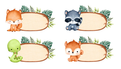 Set of wooden board with leaves and baby animals