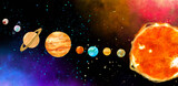 Fototapeta Kosmos - Space universe planet floating in starry andomedra solar system hand drawn illustration
