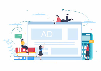 Advertising or ADS Vector Illustration for Mobile Social Media, Campaign, Business Promotion, Brand and Digital Marketing in Flat Cartoon Style