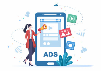 Advertising or ADS Vector Illustration for Mobile Social Media, Campaign, Business Promotion, Brand and Digital Marketing in Flat Cartoon Style