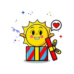 Wall Mural - Cute cartoon sun character coming out from big gift box look so happy in concept 3d cartoon style