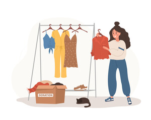 Wall Mural - Clothes donation. Woman putting old used clothes ready to be shared or recycled from wardrobe to cardboard box. Volunteering and social care. International charity day. Vector cartoon illustration.