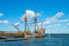 Antique Ship Mayflower II Docks At State Pier In Town Of Plymouth, Massachusetts MA, USA.
