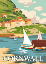 Cornwall Vintage Poster, South West England, United Kingdom. Travel Poster Coast, Buikdings, Sailboats. Vector Illustration