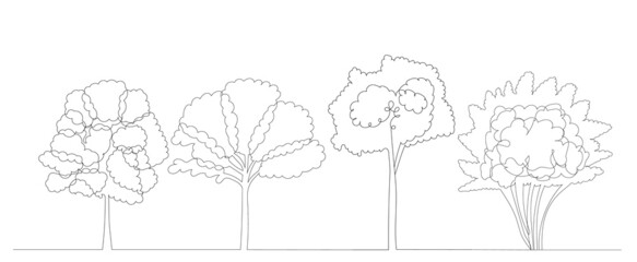 Sticker - trees drawing in one continuous line, isolated, vector