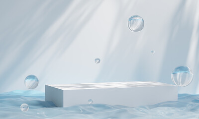 Wall Mural - Podium on the water for product presentation. Natural beauty pedestal, relaxation and health, 3d illustration.