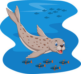 Wall Mural - Cartoon seal swimming with fish