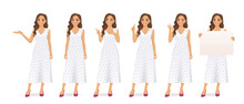 Beautiful Young Woman With Curly Hairstyle Character In White Dress Set. Pointing, Showing Ok Sign, Standing, Holding Empty Blank Board Isolated Vector Illustration