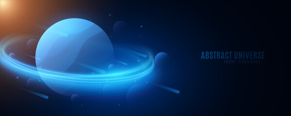 Wall Mural - futuristic deep space background. falling meteorite. abstract planet saturn with with sun glow. mode