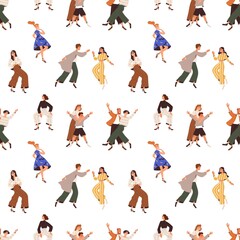 Poster - Happy people pattern. Seamless background with active delighted characters dancing with fun, joy at party. Endless repeating print with funny joyful men, women. Colored flat vector illustration