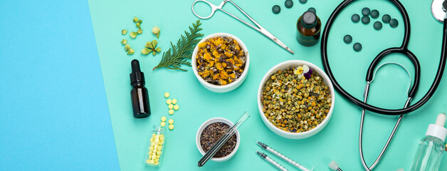 Sticker - Assortment of herbal and traditional medicine on colourful background.