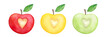 Watercolor drawing collection of different colorful apples with cute leaves and love hearts inside: red, yellow and green. Hand painted elements on white background for design, frame, border, sticker.