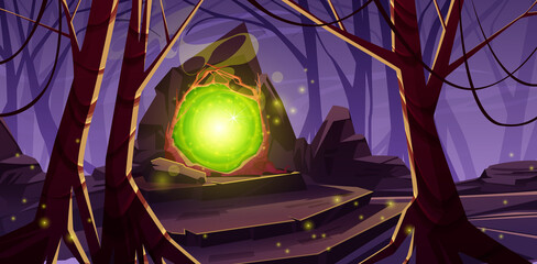 Wall Mural - magic portal in forest on top of stone stairs, mysterious landscape background with trees and glowin