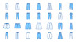 Clothes pants doodle illustration including icons - leggings, buggy, cargo, bermuda, capri, stirrup, aladdin, shalwars, hakama. Thin line art about trousers apparel. Blue Color, Editable Stroke