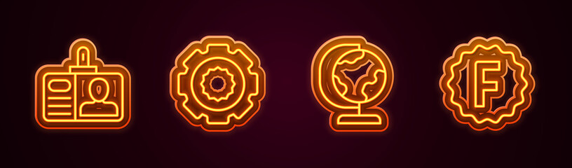 Wall Mural - Set line Identification badge, Gear, Earth globe and Exam paper with incorrect answers. Glowing neon icon. Vector