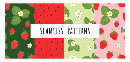 Wall Mural - Vector set with strawberry. Trendy texture for print, textile, packaging. Hand drawn seamless patterns. Collection of summer backgrounds.