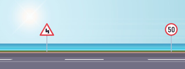 Coastal road and modern style holiday road outdoor travel design flat vector illustration.