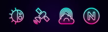 Set Line Day Night Cycle, Satellite, Rainbow With Cloud And Compass North. Glowing Neon Icon. Vector