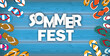 Sommerfest Banner mit bunten Flipflops auf einem blauen Steg