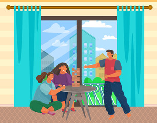 Wall Mural - Happy children playing board game with parents, have fun at home. Family entertainment scenes. People sit together at table or on floor in living room play games. Parents and kids in everyday life