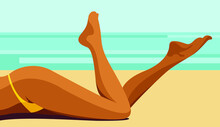 Vector Illustration On The Theme Of Summer Holidays. Beautiful Long Slender Legs Of A Young Tanned Woman Who Lies, Rests And Sunbathes On The Beach. Useful For Advertising Summer Vacations, Resorts