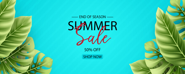 Poster - Summer sale banner design with tropical leaves background