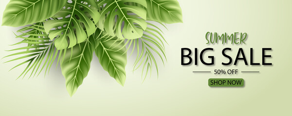 Poster - Summer sale banner design with tropical leaves background