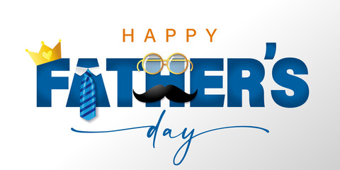 Wall Mural - Happy Father's Day banner with tie, glasses and mustache. Advertising poster I love you Dad for Father's Day with text. Vector illustration