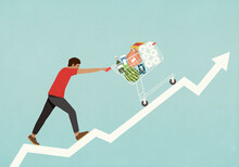 Man Pushing Shopping Cart Of Groceries Up Line Chart Arrow
