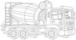 © Alexey Bannykh - Concrete mixer lorry with a funny driver working for a building site, black and white vector cartoon illustration for a coloring book page