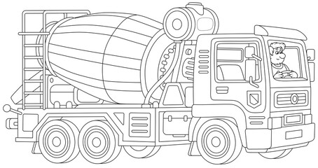 Concrete mixer lorry with a funny driver working for a building site, black and white vector cartoon illustration for a coloring book page