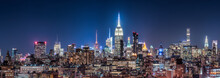 New York City Skyline Panorama At Night, USA