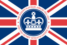 The Queen's Platinum Jubilee Celebration Sign Crown In Circle With Union Jack Flag. Vector Flat Illustration. Design For Greeting  Card, Banner, Flyer