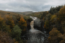 Waterfall Over Rocks In Remote, Autumn Landscape, High Force Waterfall, Durham, England
