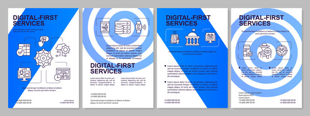 Digital first services blue brochure template. Electronic commerce. Leaflet design with linear icons. 4 vector layouts for presentation, annual reports. Arial-Black, Myriad Pro-Regular fonts used