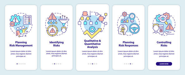 Wall Mural - Risk management process onboarding mobile app screen. Business strategy walkthrough 5 steps graphic instructions pages with linear concepts. UI, UX, GUI template. Myriad Pro-Bold, Regular fonts used