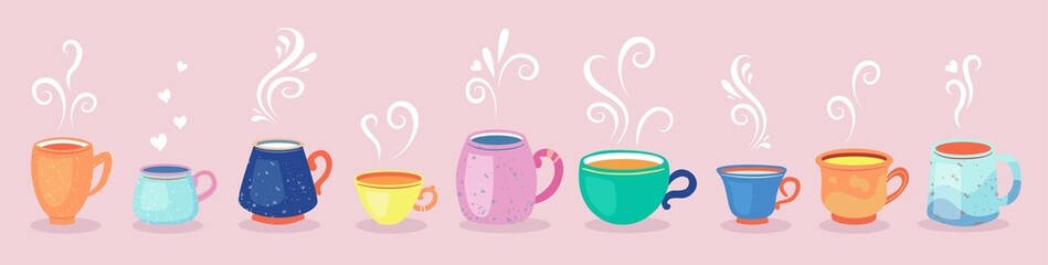 Set of cute coffee characters in trendy kawaii style on pink. Take away cups, mugs and bean with hot beverage. Happy cartoon drinks with doodle stars and hearts. Banner, card, poster design.