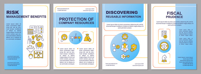 Risk management advantages blue brochure template. Safety strategy. Leaflet design with linear icons. 4 vector layouts for presentation, annual reports. Arial, Myriad Pro-Regular fonts used