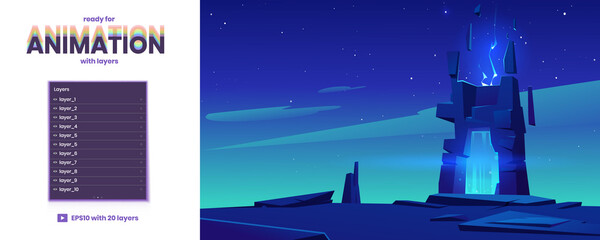 Wall Mural - magic portal in stone frame on rock ledge at night. vector parallax background ready for 2d animatio