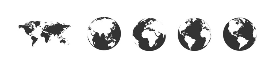 Wall Mural - earth globe collection. set of black earth globes with map. world map icons in flat design. earth gl