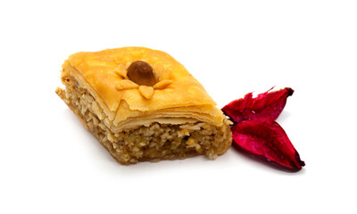 Baklava or baklawa, oriental Algerian traditional cookies withe rose petals