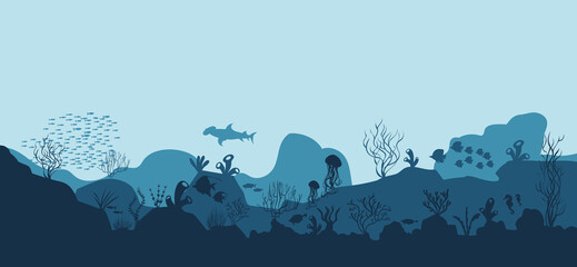 silhouette of coral reef with fish  on blue sea background underwater vector illustration