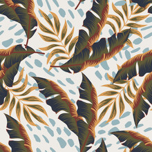 Abstract Tropical Seamless Pattern With Bright Plants And Leaves On A Light Background. Seamless Exotic Pattern With Tropical Plants. Summer Colorful Hawaiian Seamless Pattern With Tropical Plants.