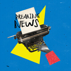 Contemporary art collage. Retro typewriter typing paper with breaking news, spreading information isolated over yellow blue background.