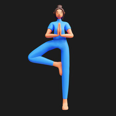 Poster - 3D Young Lady Practicing Vrikshasana Against Black Background.