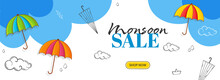 Monsoon Sale Banner Or Header Design Decorated With Umbrella, Drops, Clouds On Blue And White Background.