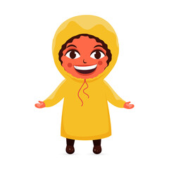 Sticker - Cheerful Little Boy Wearing Raincoat In Standing Pose Against White Background.