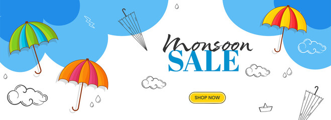Wall Mural - Monsoon Sale Banner Or Header Design Decorated With Umbrella, Drops, Clouds On Blue And White Background.