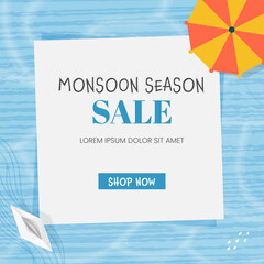 Wall Mural - Monsoon Sale Poster Design With Top View Umbrella, Paper Boat On White And Blue Water Background.