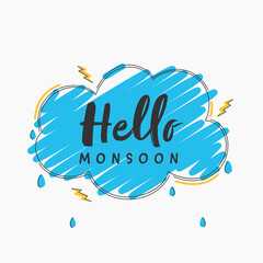 Canvas Print - Hello Monsoon Lettering With Lightning Bolts, Water Drops And Blue Scribble Cloud On White Background.